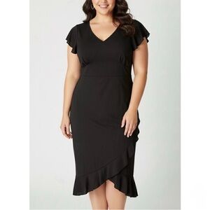 LANE BRYANT Solid Black Faux Wrap Ruffle Trim V-Neck Stretch Midi Dress 14 16